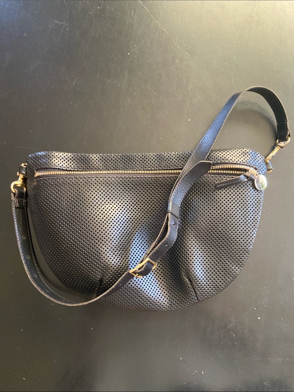 Clare V grande fanny perforated black leather